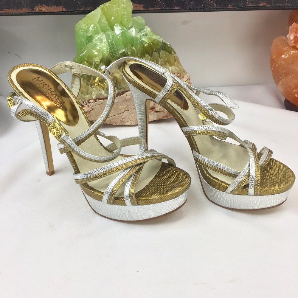 Michael Kors MK Gold Silver Heels Straps Leather